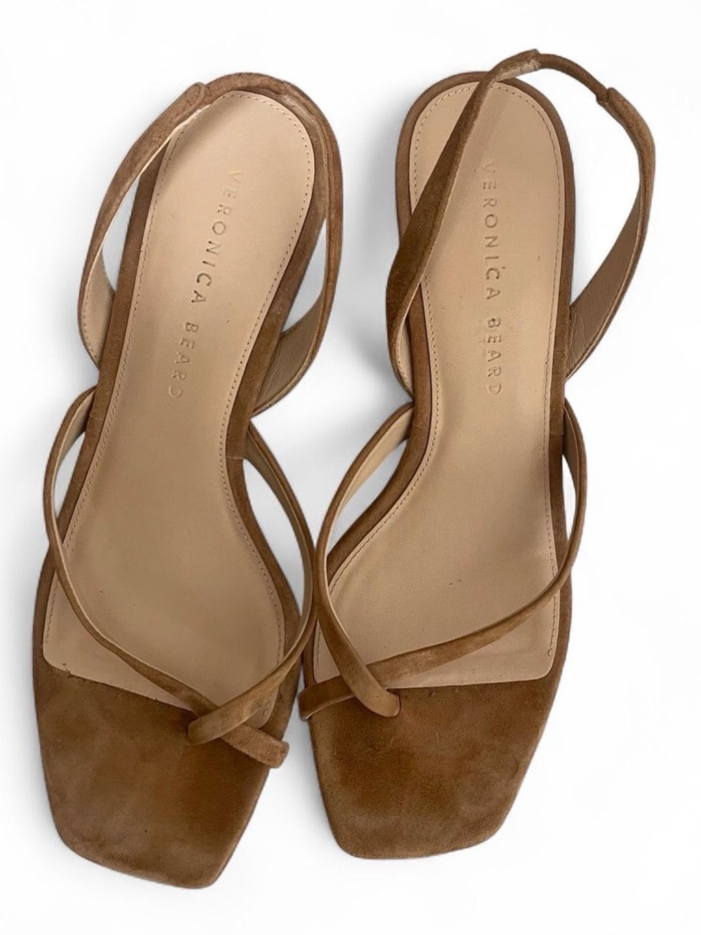 Veronica Beard Tan Suede Strappy Square-Toe Slingback Sandals